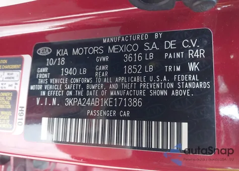 2019 Kia Rio S z USA, uszkodzony, nr VIN 3KPA24AB1KE171386